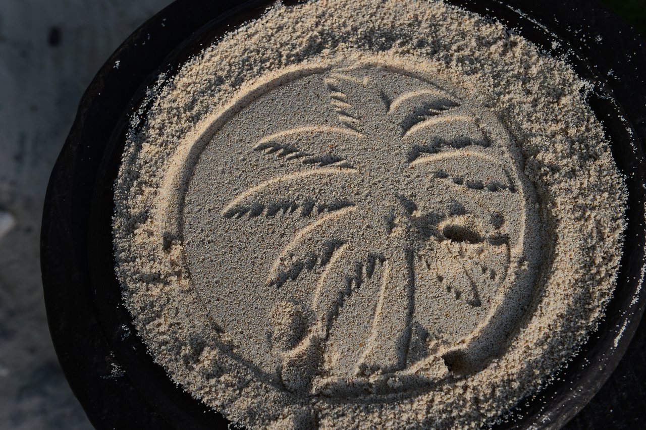 A palm tree is drawn in the sand on a circular surface.