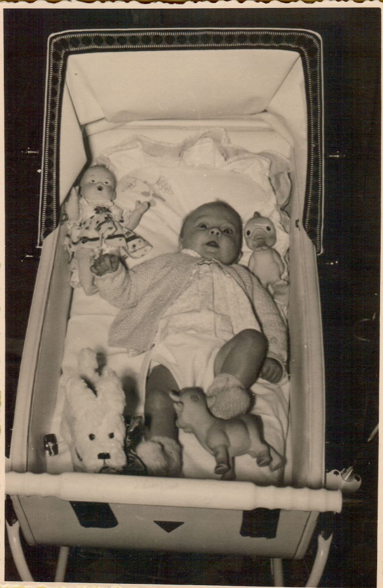 A baby lies in a crib, surrounded by stuffed animals and dolls, wearing a knitted sweater and booties.