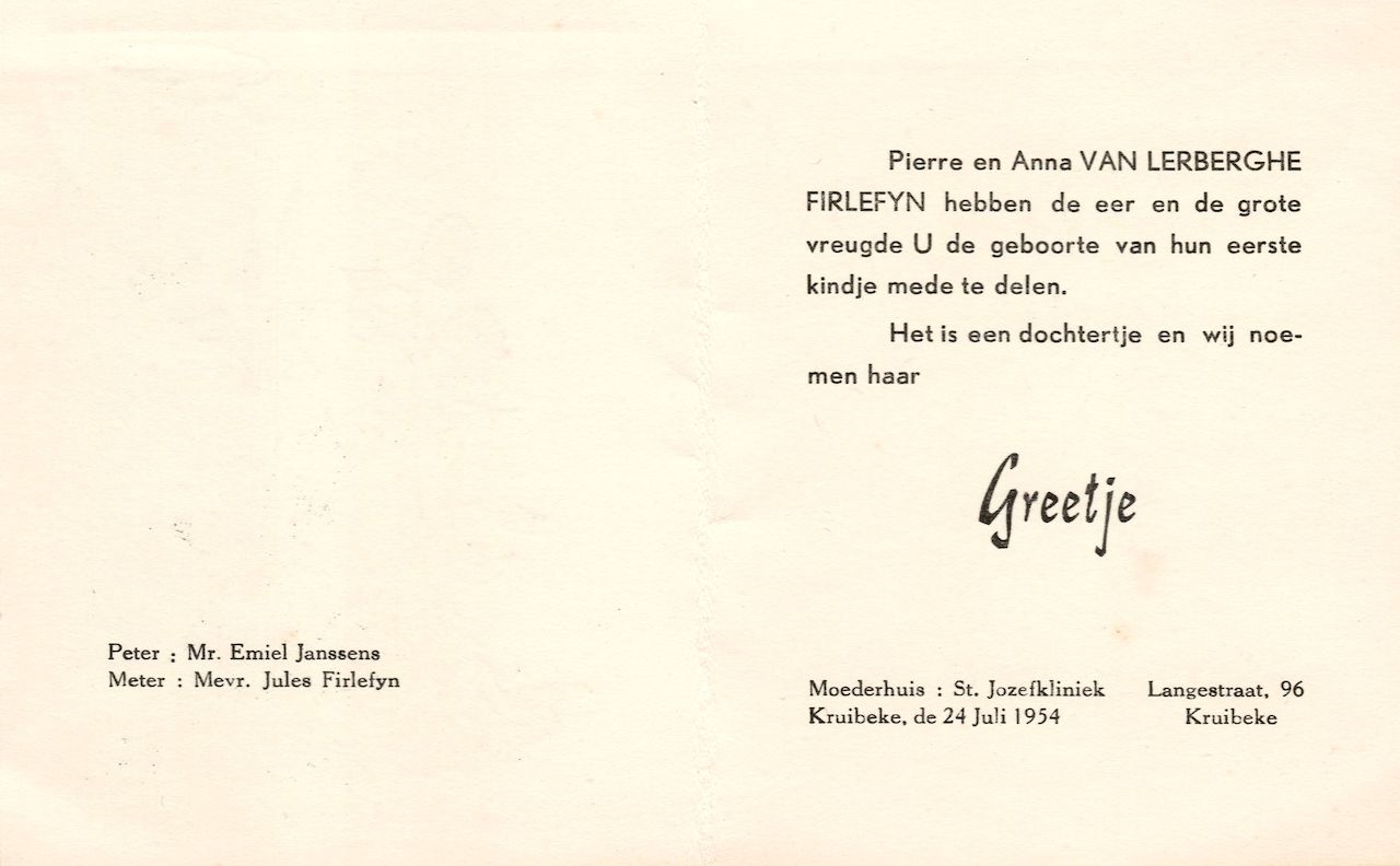 A birth announcement card from 1954 introducing a baby girl named Greetje, born in Kruibeke, Belgium.