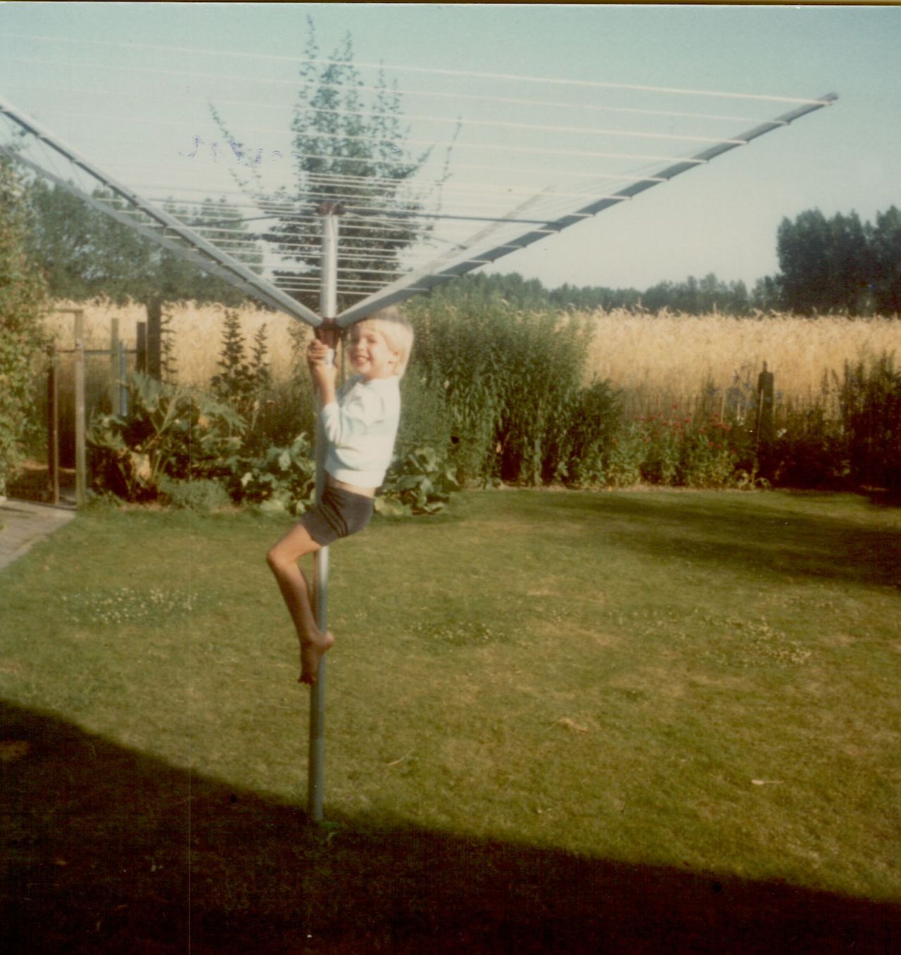 A child climbs a rotary clothesline pole in a grassy backyard, smiling while holding onto the metal structure.