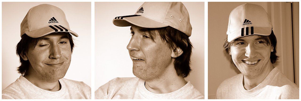 A man wearing a cap makes playful facial expressions in three sepia-toned photos.