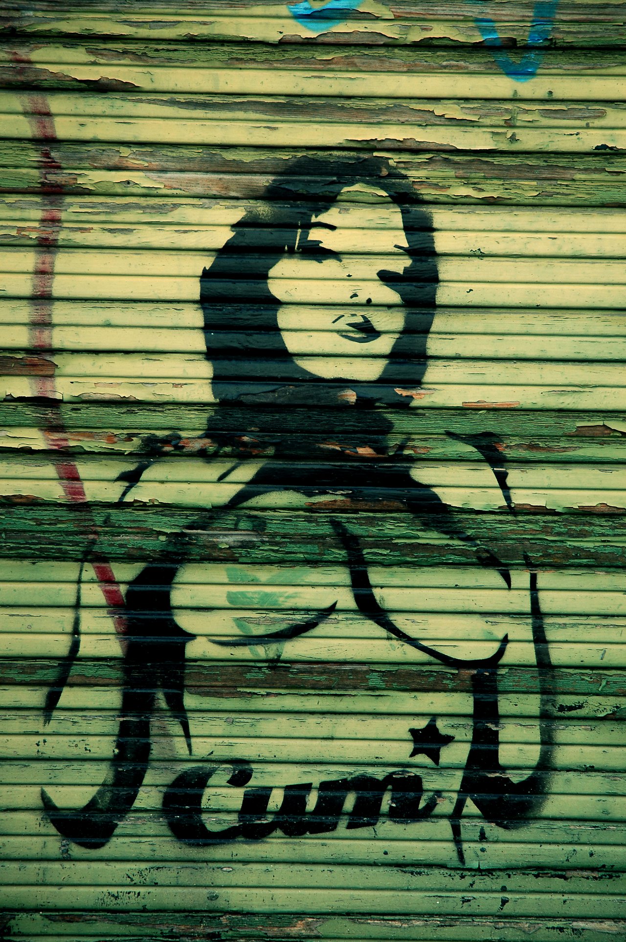 Black stencil graffiti of a woman's face and upper body on a weathered green metal surface with peeling paint.
