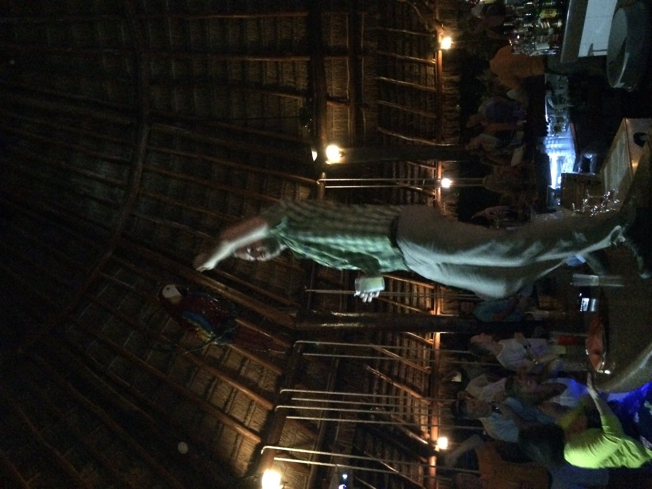 A man in a green plaid shirt stands on a bar, holding a drink and raising his arm.