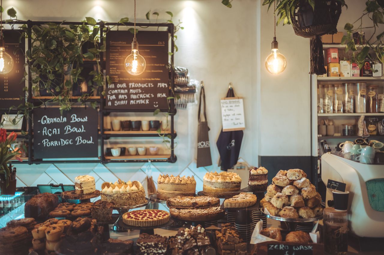 A display of baked goods such as cakes and cookies.