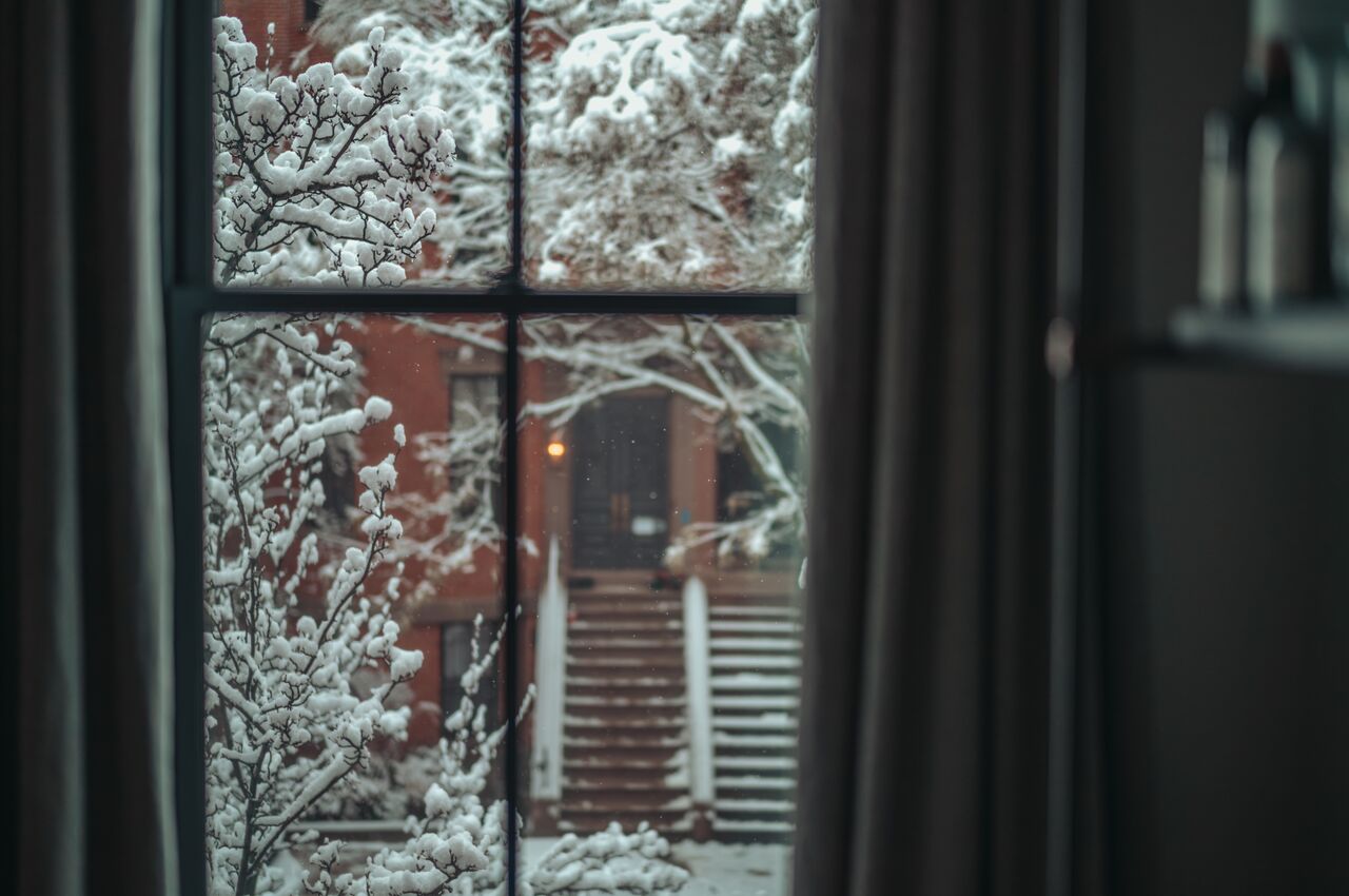 View through a window of snow-covered trees and a house across the street