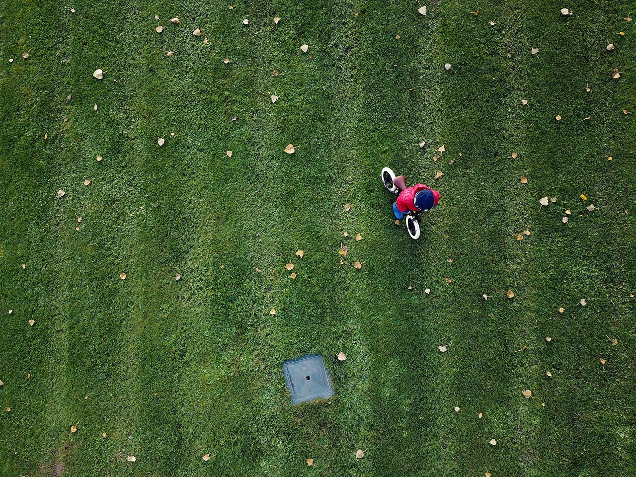 A child wearing a red jacket and blue hat rides a small bike on a grassy field.