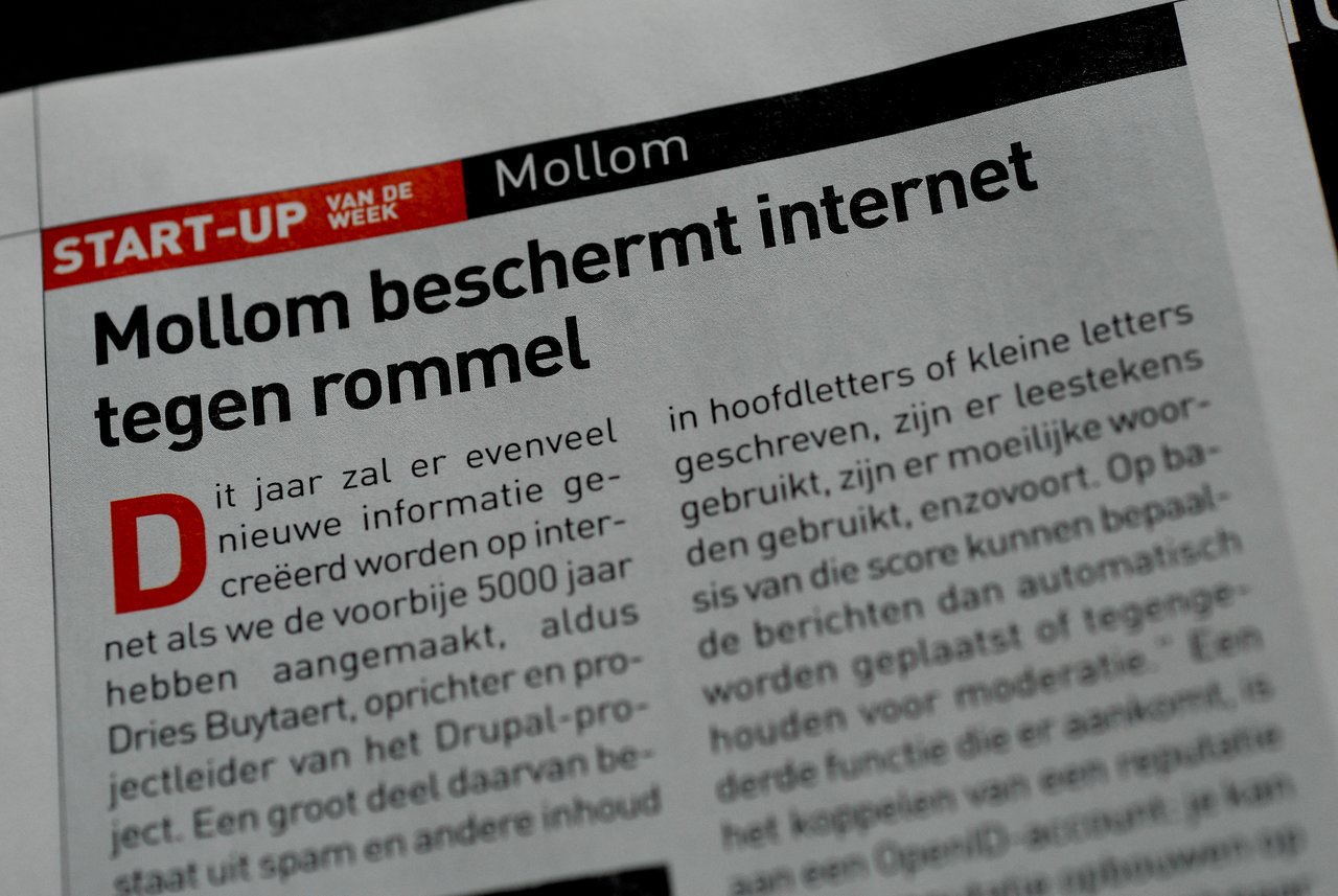 A newspaper article about Mollom, a startup that protects the internet from spam and unwanted content.