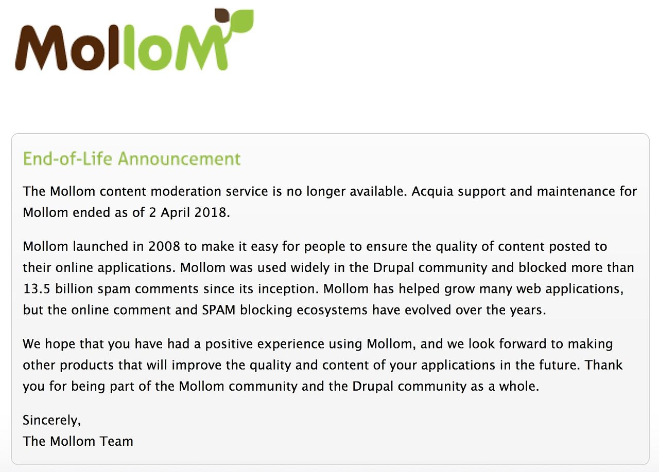 Mollom end of life announcement