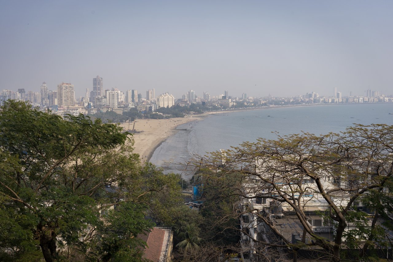 A wide view of a city skyline with a sandy beach and calm ocean, framed by green trees.
