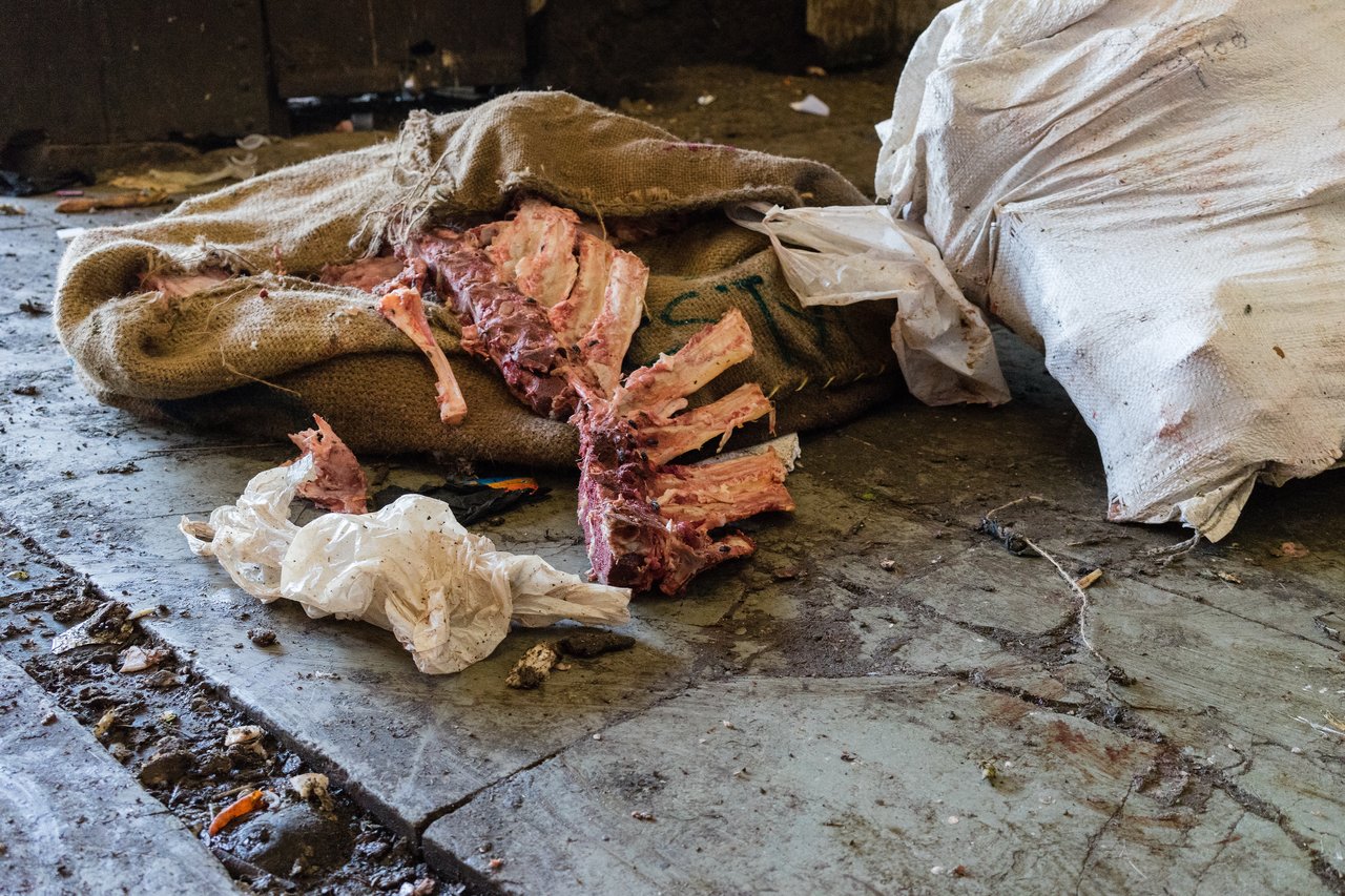 A discarded animal carcass with exposed ribs lies on a dirty floor next to torn sacks and plastic waste.