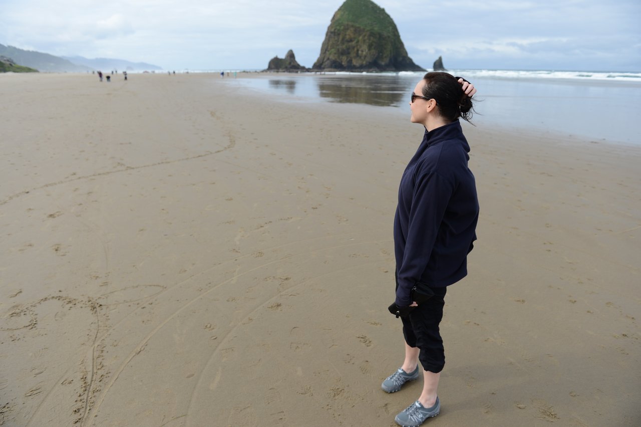 A person in a dark jacket stands on a sandy beach, looking toward the ocean with a large rock formation.