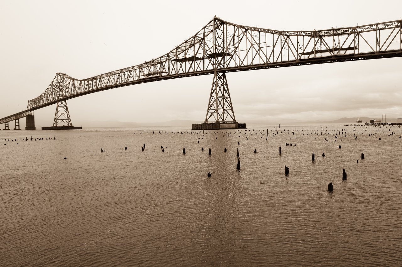 A large steel bridge spans across a body of water with wooden pilings sticking out of the surface.