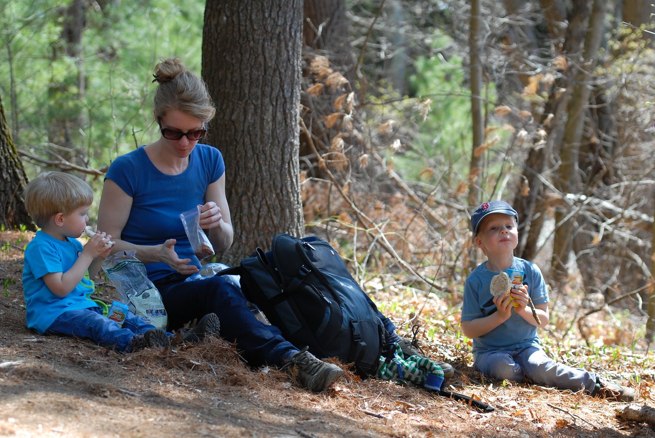 A woman and two children sit on the ground in the woods, having a snack during a hike.