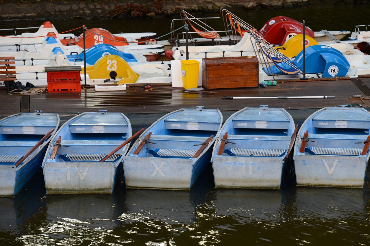 Row of blue rowboats with wooden oars docked in the water, with colorful pedal boats in the background.