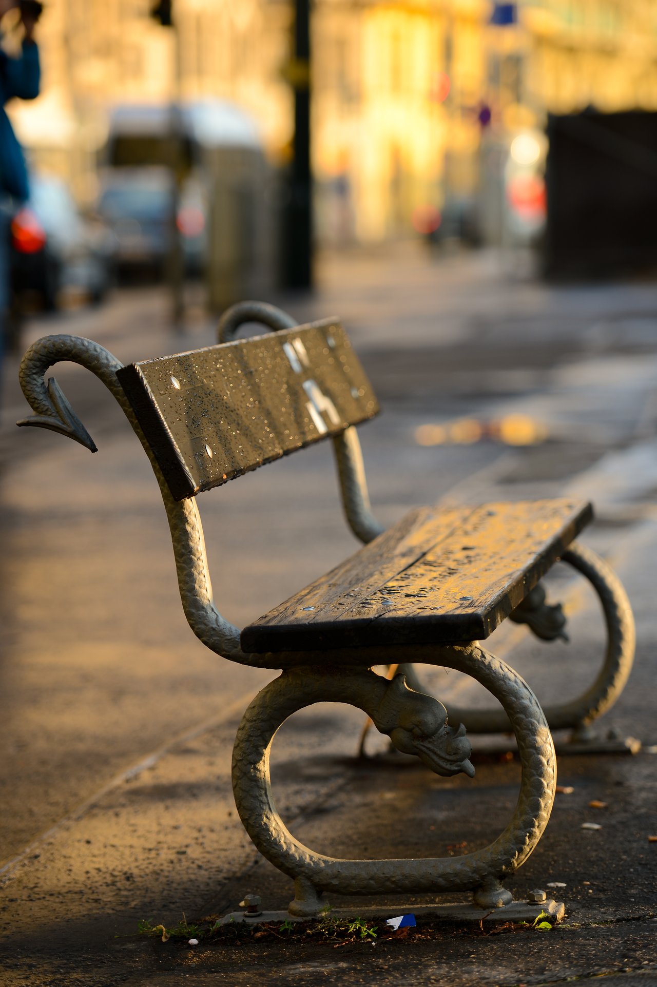 A wet wooden bench with ornate metal armrests shaped like serpents on a city sidewalk in Prague.