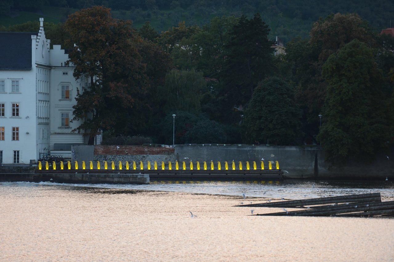 A row of illuminated yellow penguin sculptures lines a platform by the river, with trees and buildings in the background.