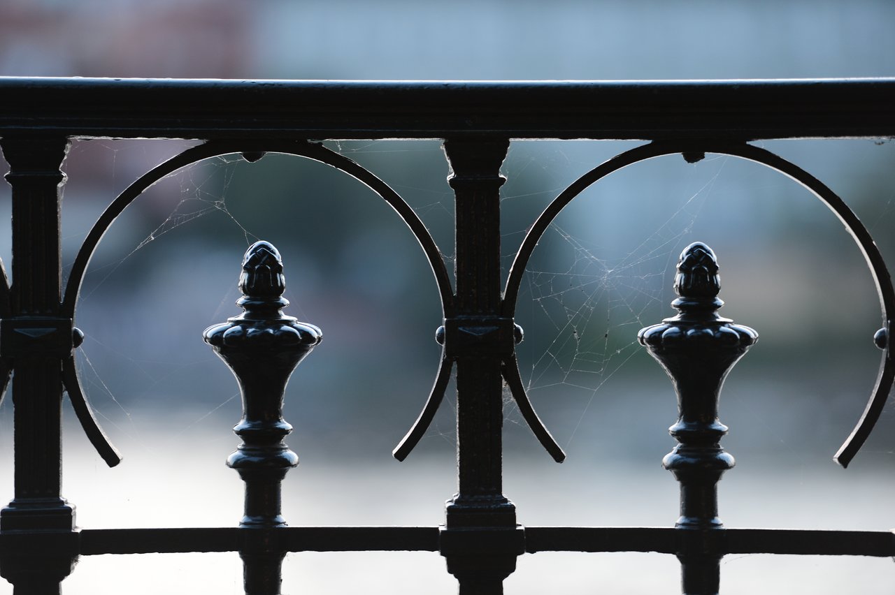 Close-up of a decorative black metal railing with spiderwebs between the bars, slightly blurred background.
