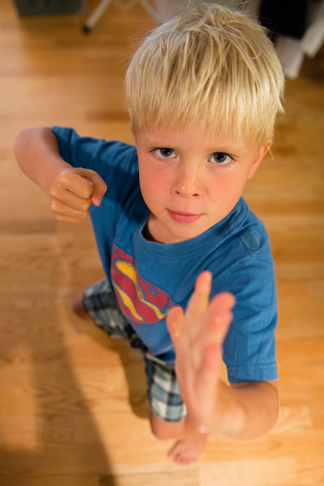 A young boy in a blue shirt strikes a playful martial arts pose, looking directly at the camera.