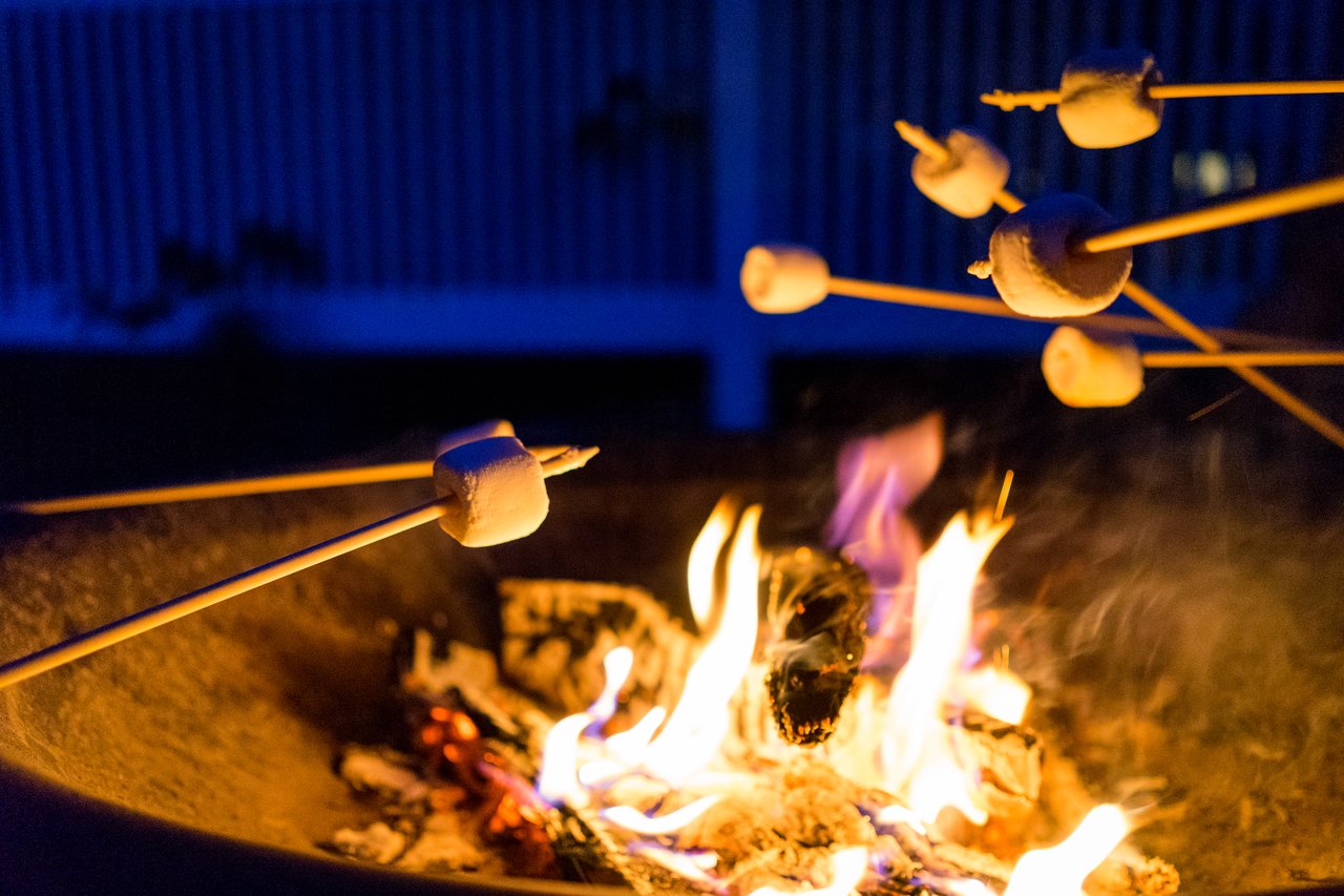 Marshmallows on skewers roasting over a firepit at night, preparing to make s'mores.