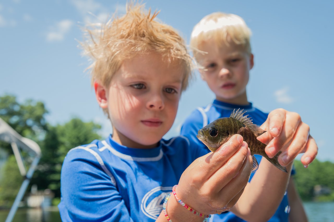 A young boy in a blue shirt holds a small fish, while another boy watches closely in the background.