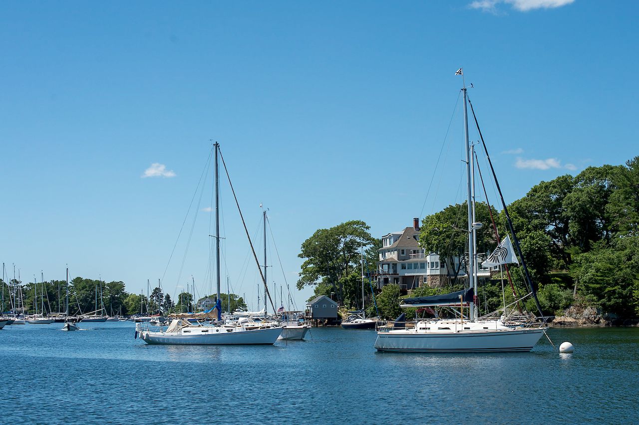 Several sailboats are anchored in calm water near a shoreline with houses and trees under a clear blue sky.