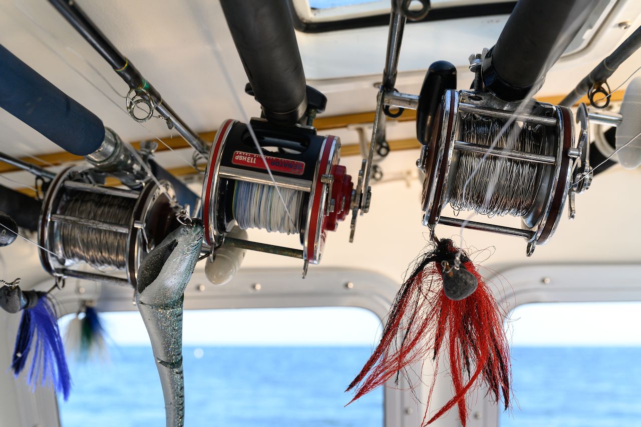 Fishing rods with large reels and colorful bait hang from the boat's ceiling, with the ocean visible in the background.