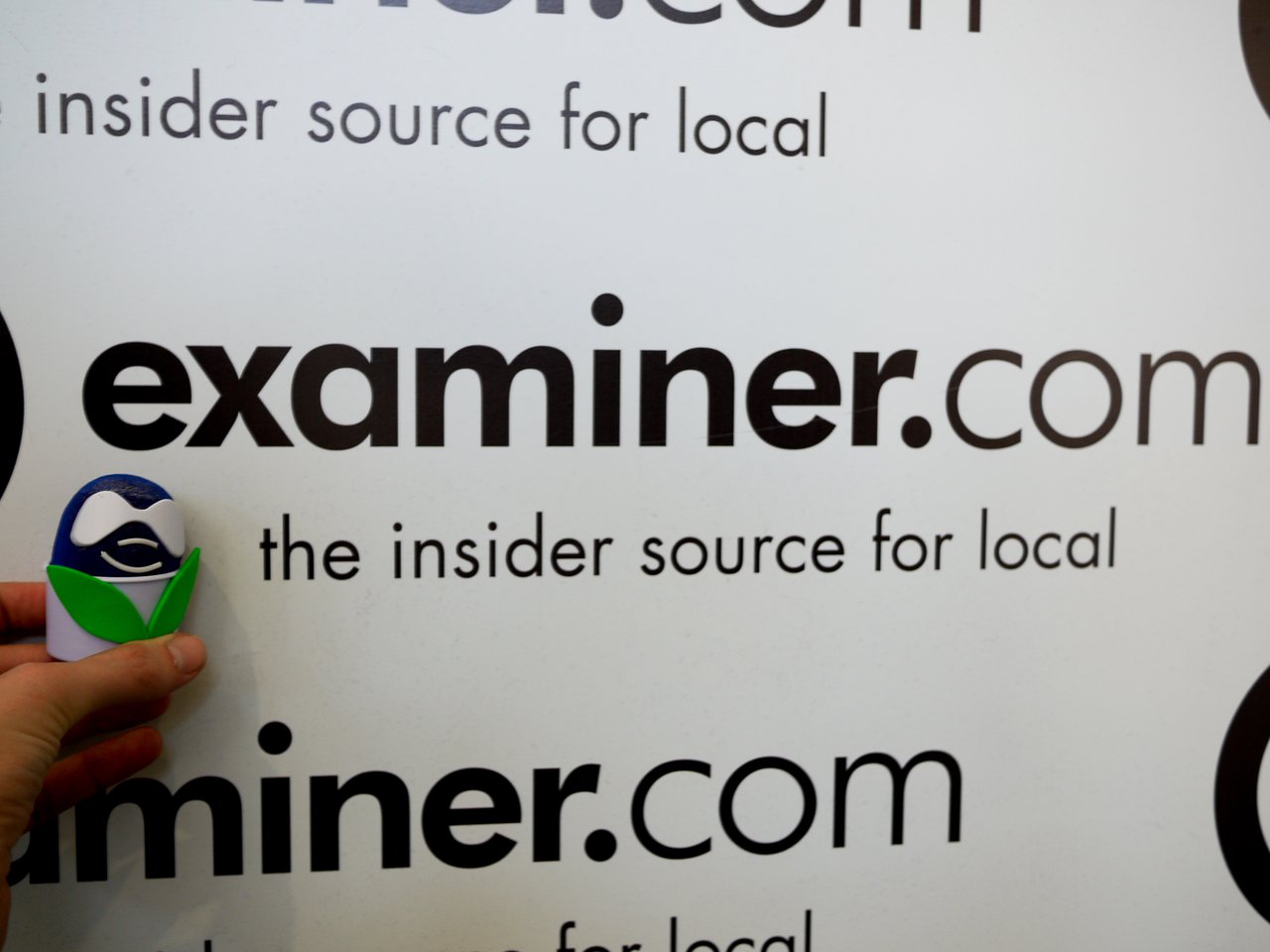 A hand holds a small Drupal-themed figurine in front of an "examiner.