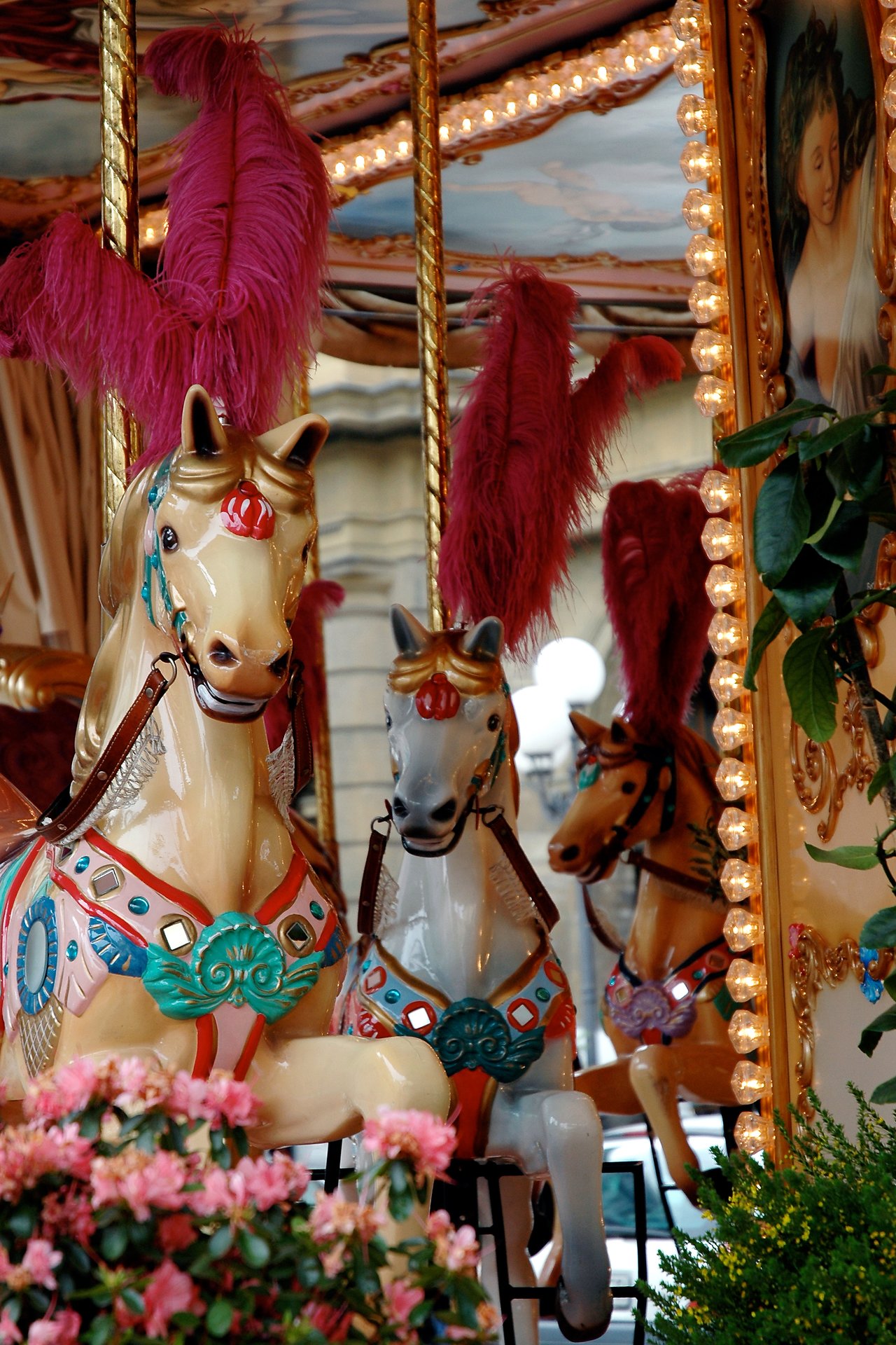 Carousel horses with colorful saddles and feathered headpieces stand in a row, surrounded by bright lights and flowers.