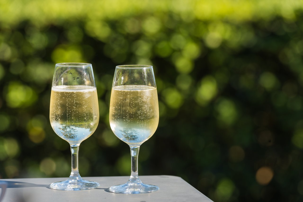 Two glasses of sparkling Prosecco on a table, with bubbles rising in the sunlight.