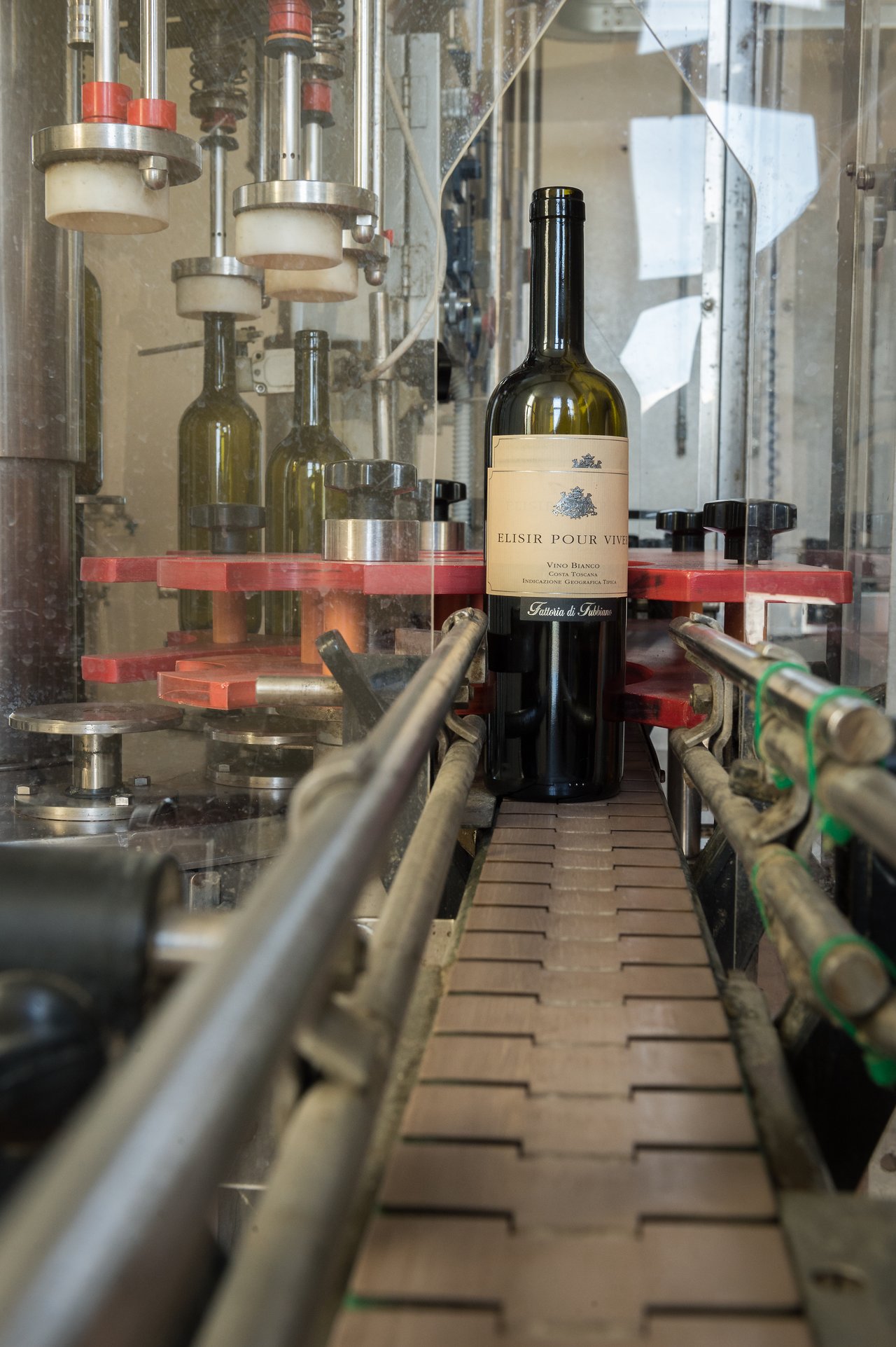 A bottle of wine on a conveyor belt in a bottling machine at Fattoria di Fubbiano winery.