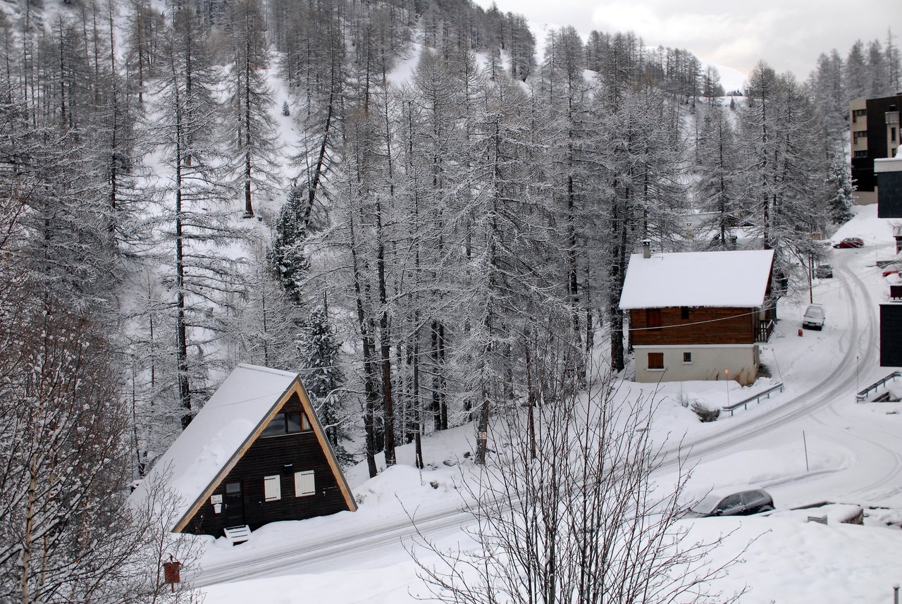 A snowy road curves past wooden houses and parked cars, surrounded by tall, snow-covered trees in a winter landscape.