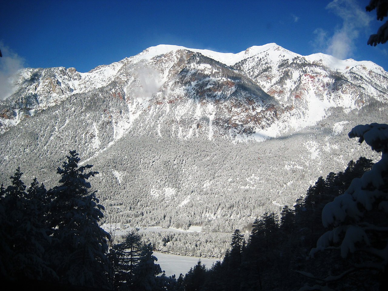 Snow-covered mountains and trees under a clear blue sky.