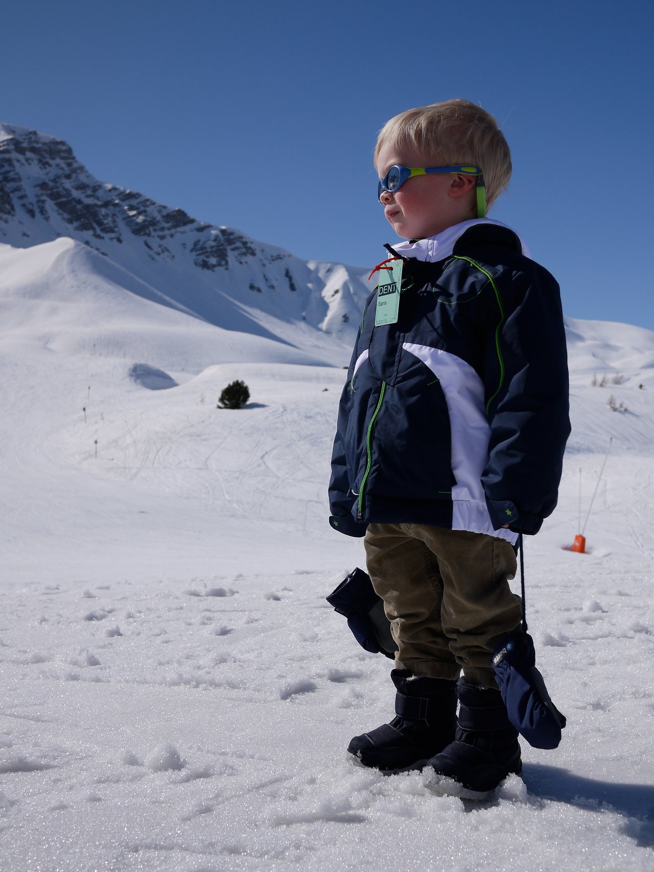A young child wearing a winter jacket and goggles stands on a snowy slope, looking into the distance.