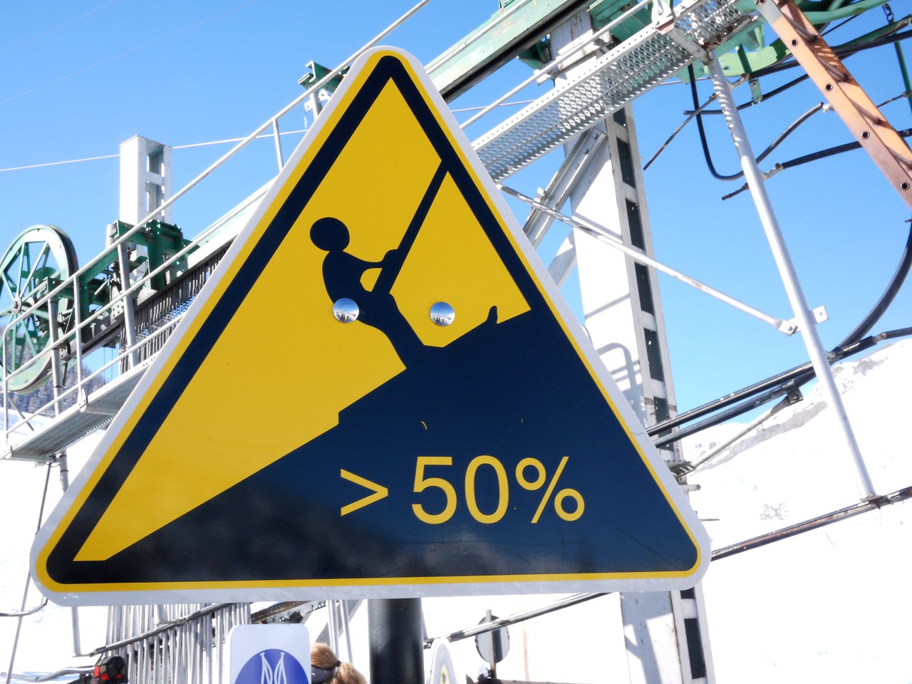 A triangular warning sign shows a steep slope greater than 50%, with a person using a rope for support.