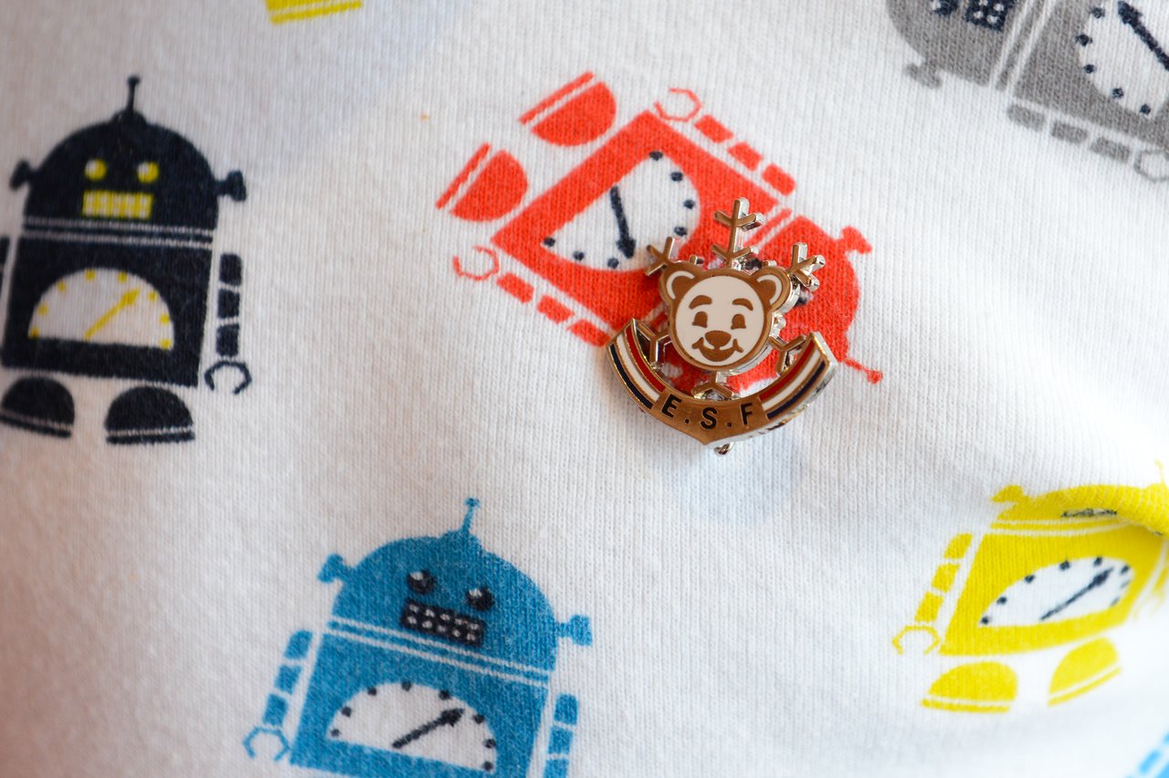A small ESF medal with a bear design is pinned to fabric with colorful robot illustrations.