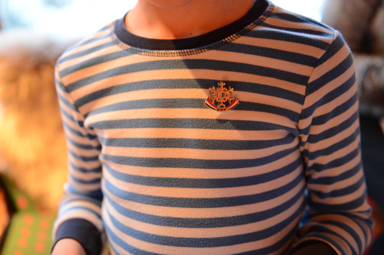 A person wearing a striped shirt with a small badge pinned to the chest.