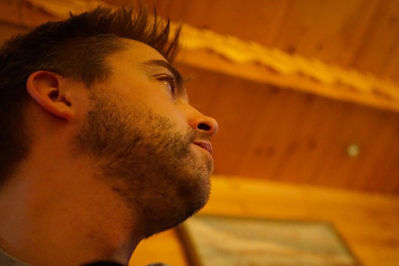 Close-up of a bearded man looking to the side in a wooden interior.