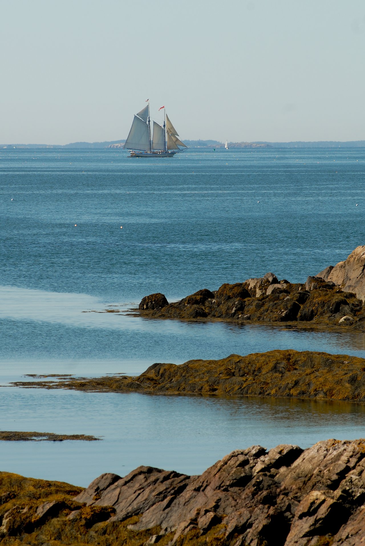 A sailboat with tall masts moves across the open water, with rocky shoreline in the foreground.