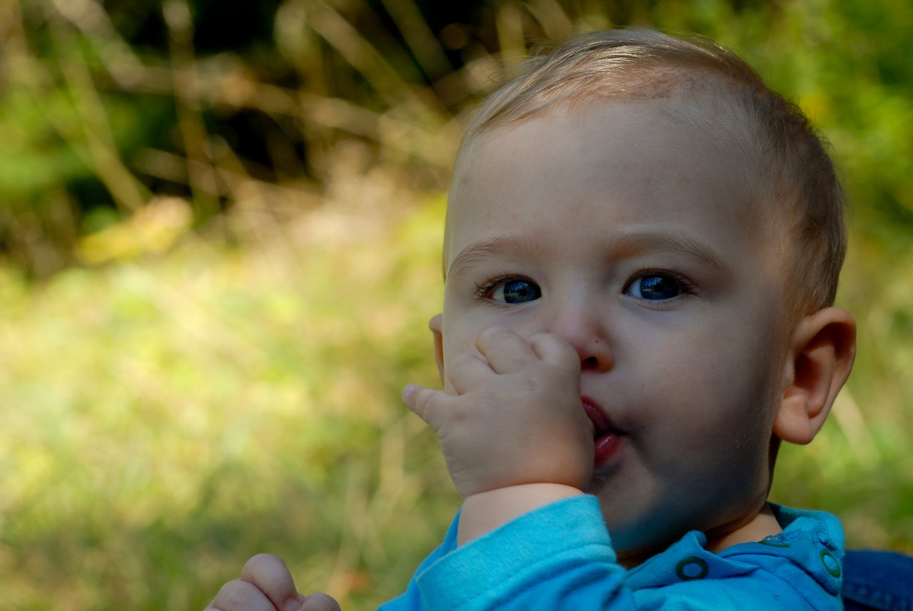 A baby in a blue shirt sucks their thumb while looking slightly past the camera, outdoors with blurred greenery.