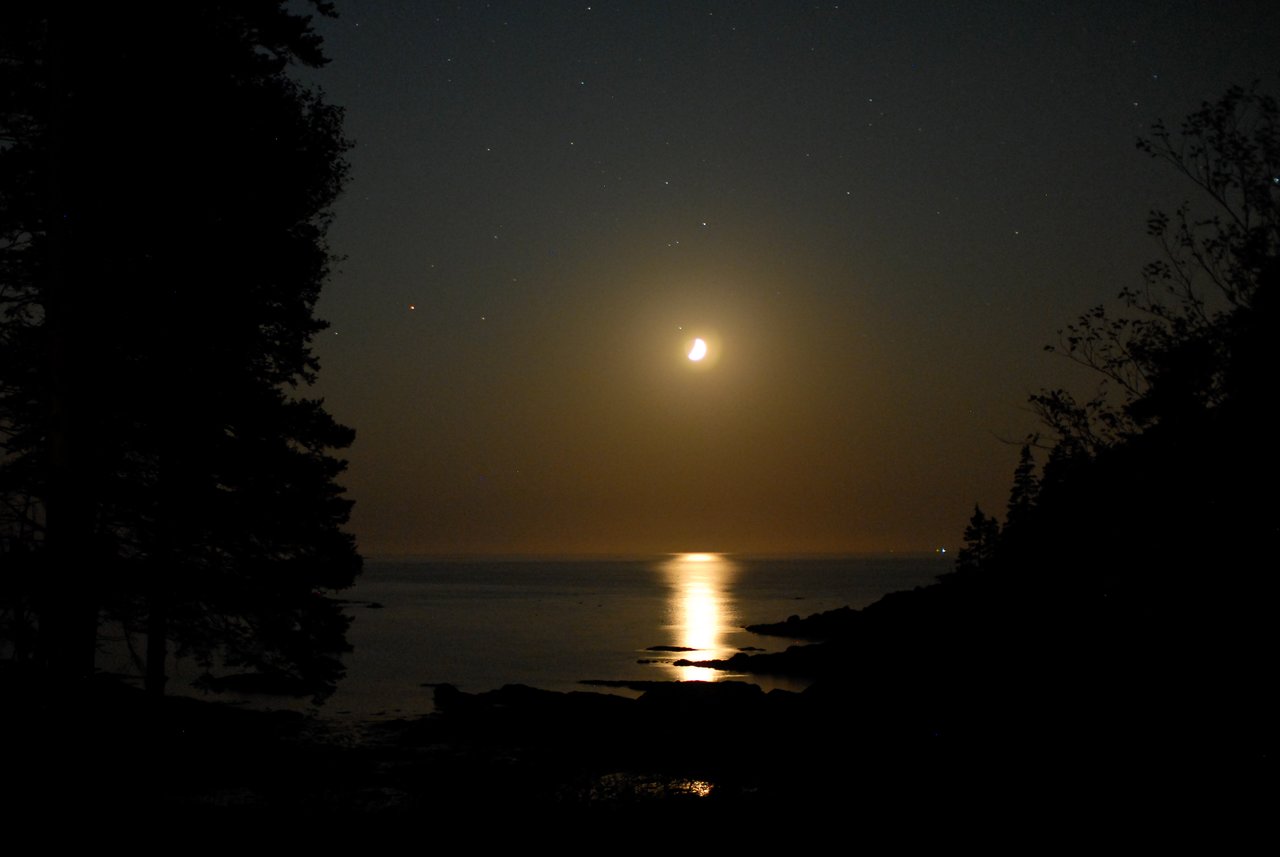 A crescent moon shines over calm water, casting a bright reflection, with trees framing the night sky.