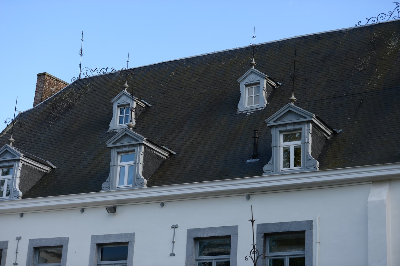 A close-up of a large house with a dark roof, dormer windows, and decorative metal details on top.