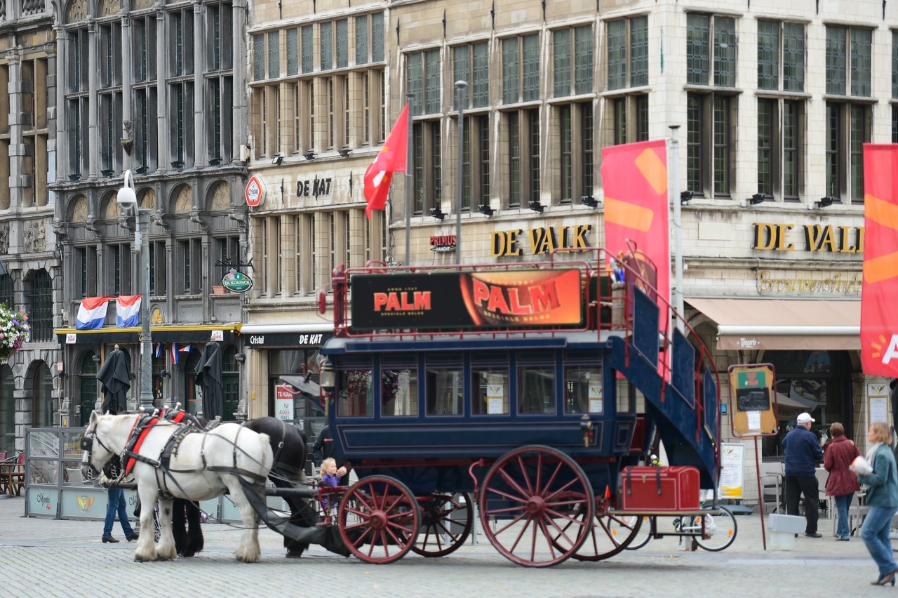 A horse-drawn carriage is parked in a city square, with people nearby and buildings in the background.