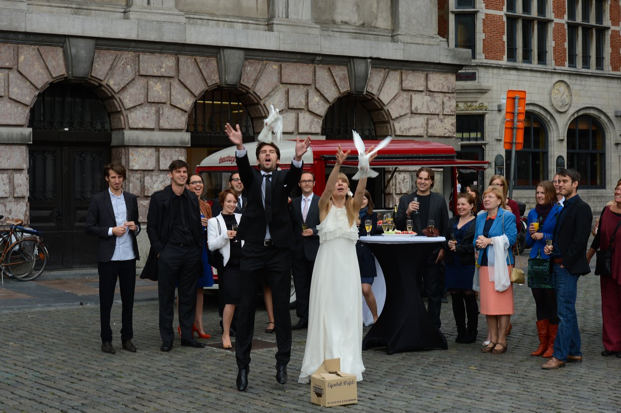 A bride and groom release white doves into the air while wedding guests watch and celebrate.