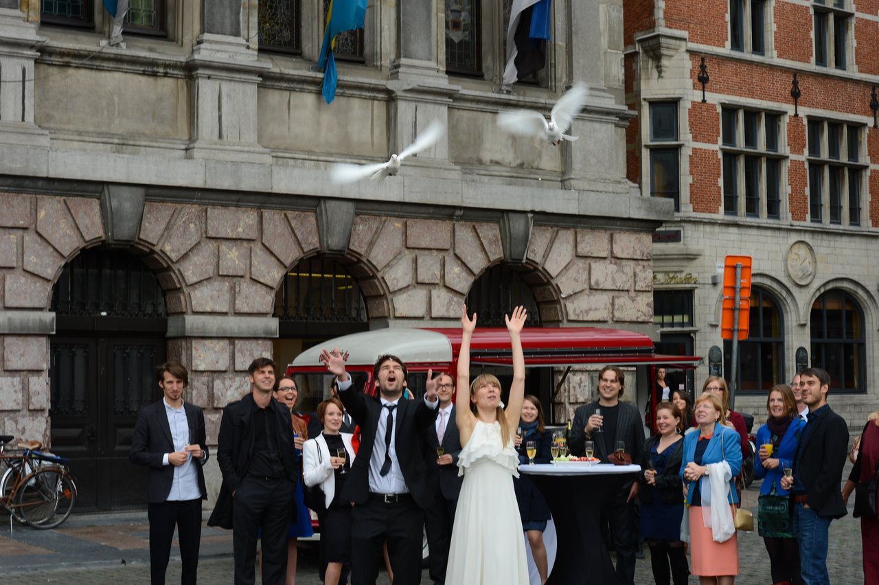 A bride and groom release white doves into the air while wedding guests watch and celebrate.