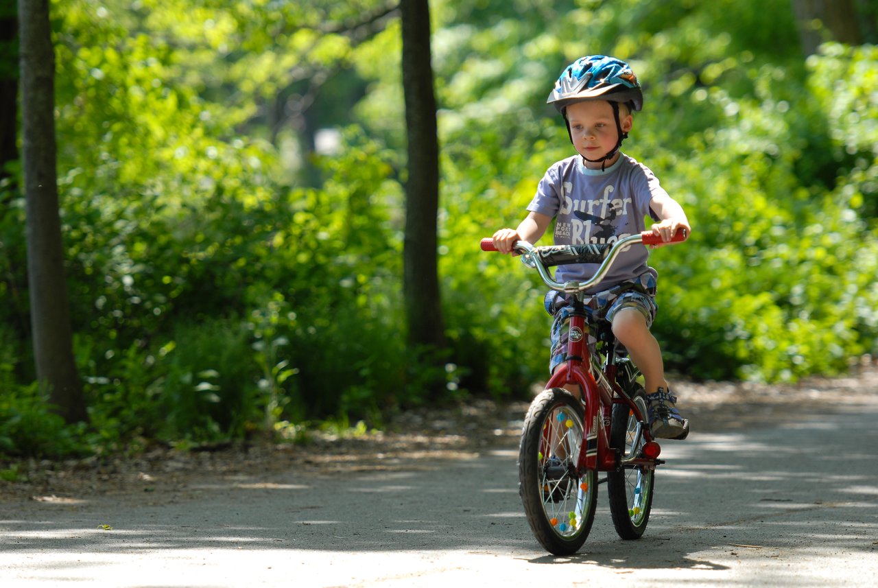 A young child wearing a helmet rides a red bicycle on a paved path surrounded by green trees.