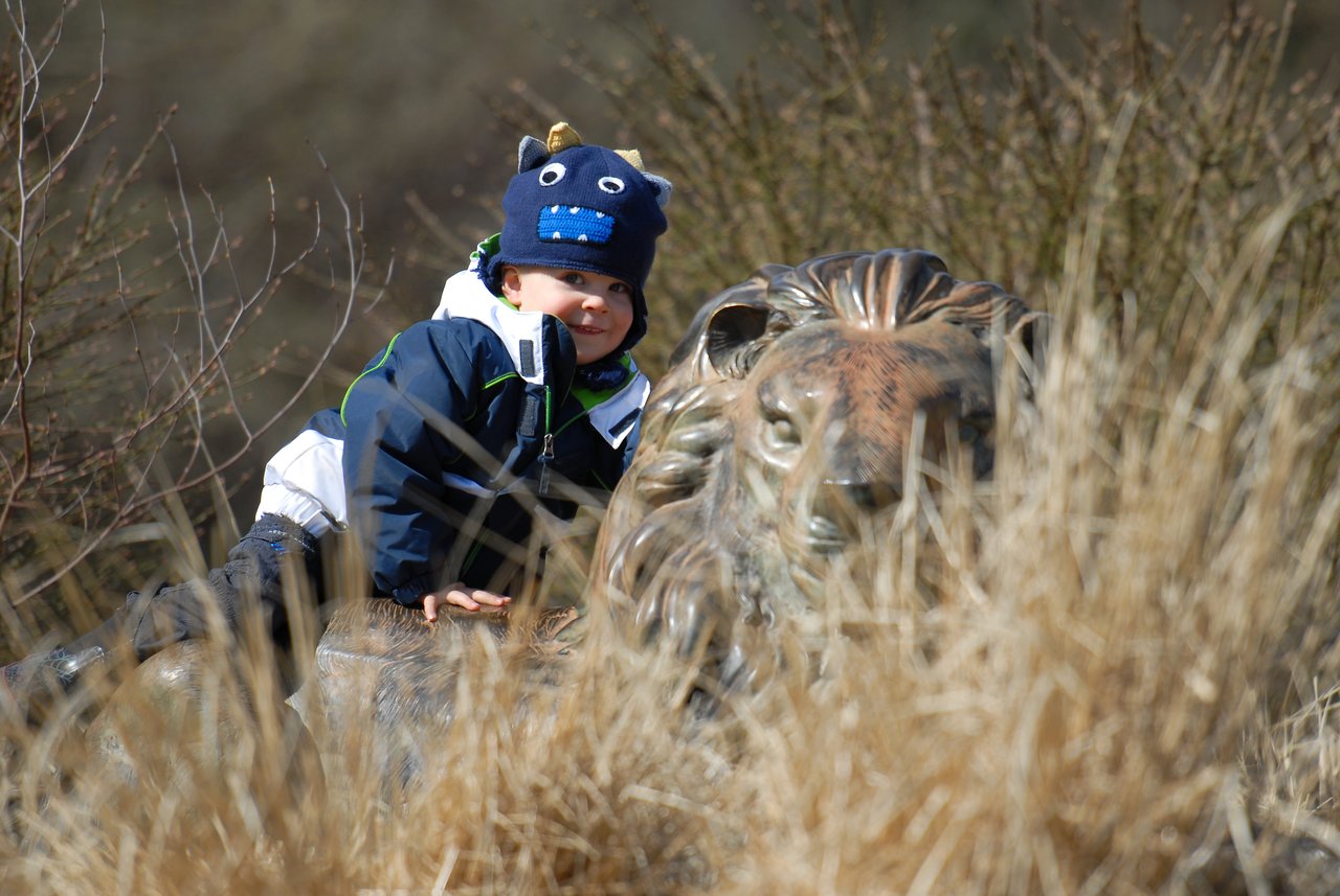 A child wearing a blue hat climbs on a bronze lion statue, partially hidden by tall grass.