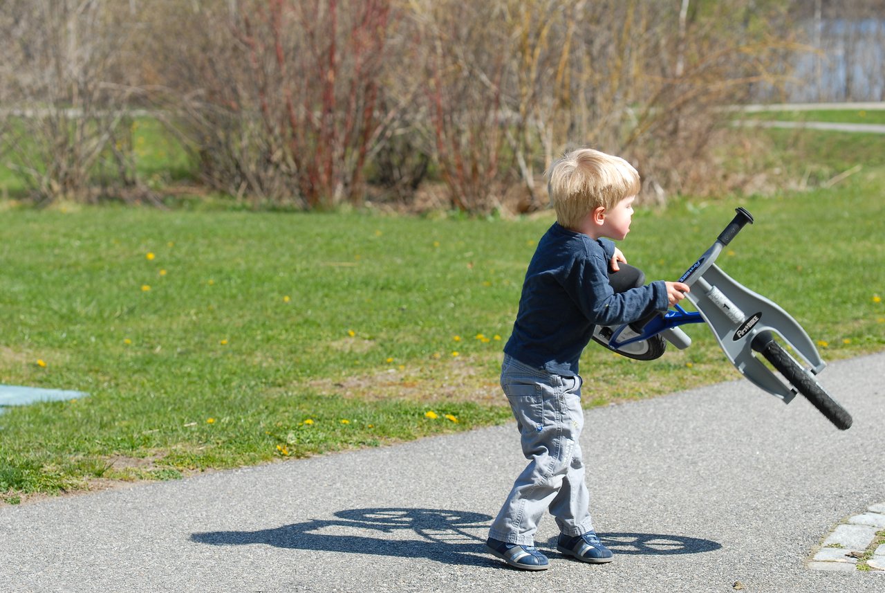 A young child in a blue shirt throws a small bike onto a paved path in a grassy park.