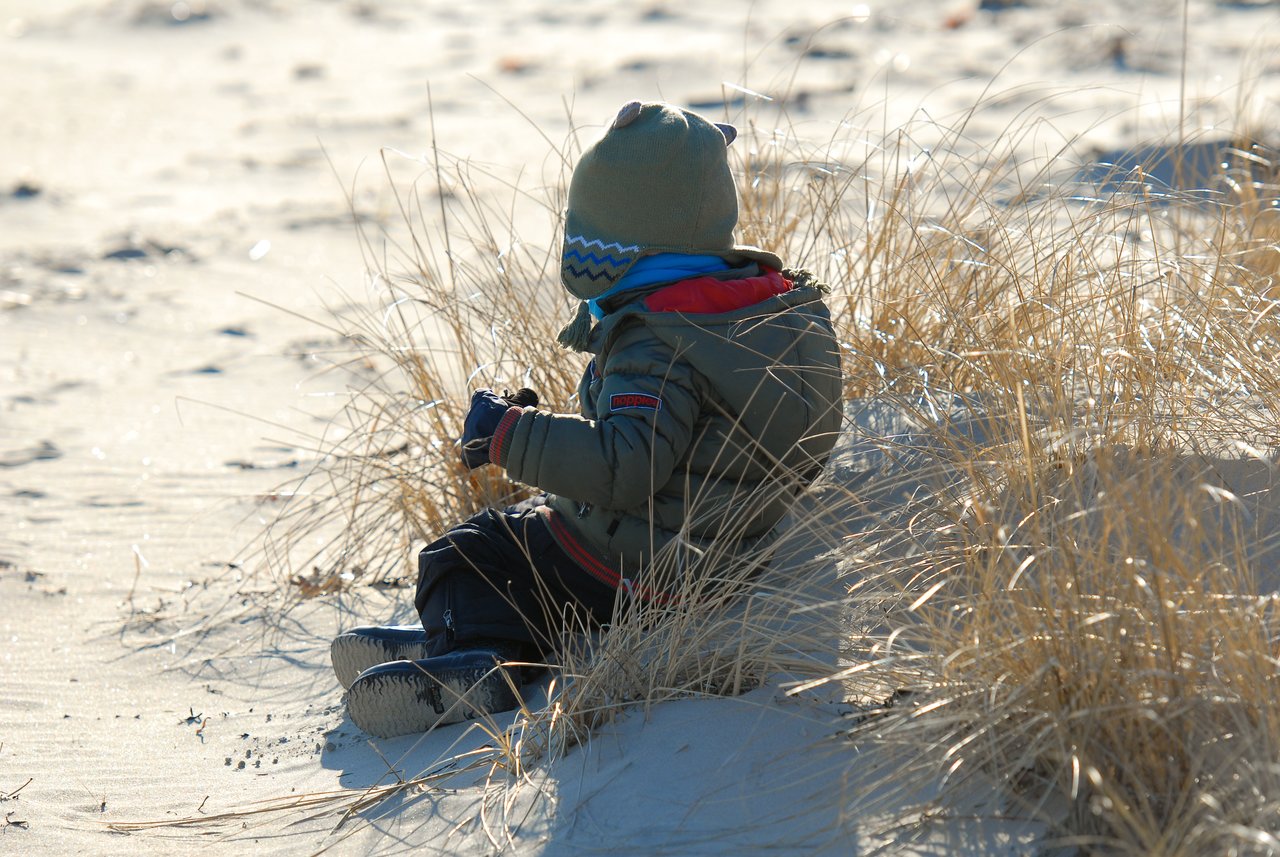 A child in a winter coat and hat sits on a sandy beach, facing away, surrounded by dry grass.