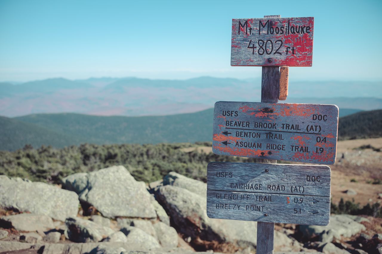 Wooden sign that reads "Mt Moosilauke, 4802 ft".
