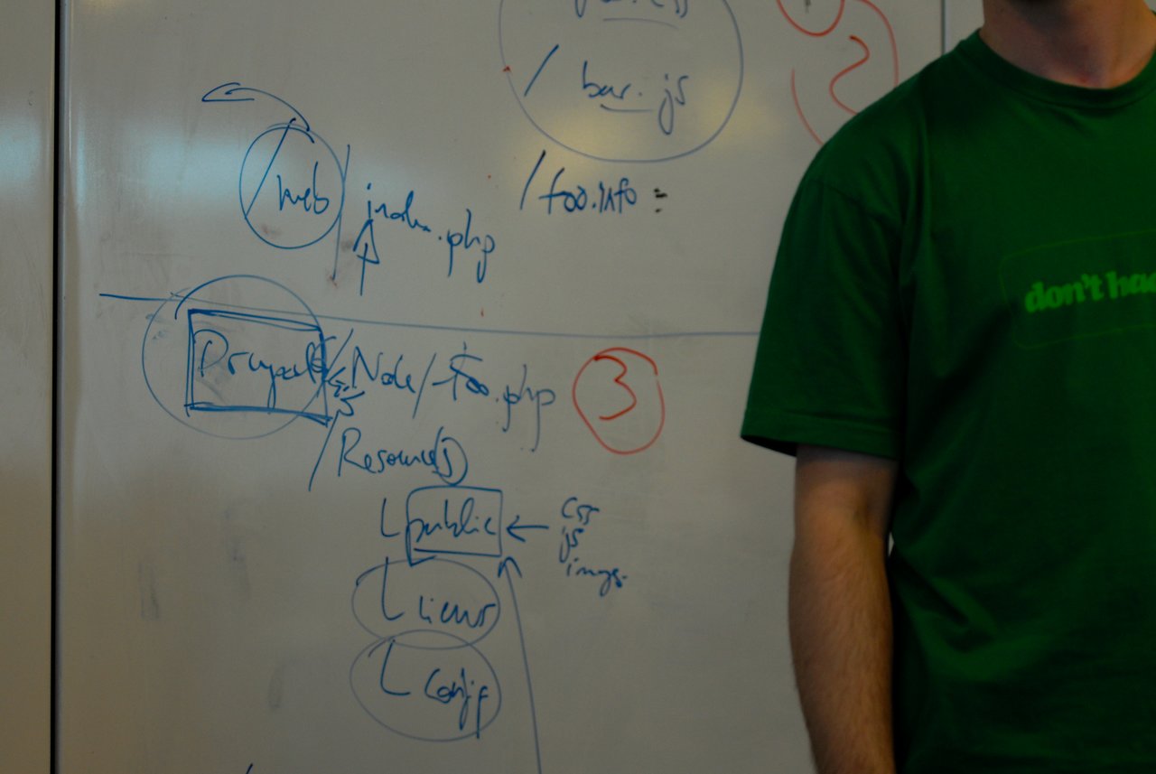 A person in a green shirt stands near a whiteboard filled with handwritten notes and diagrams.